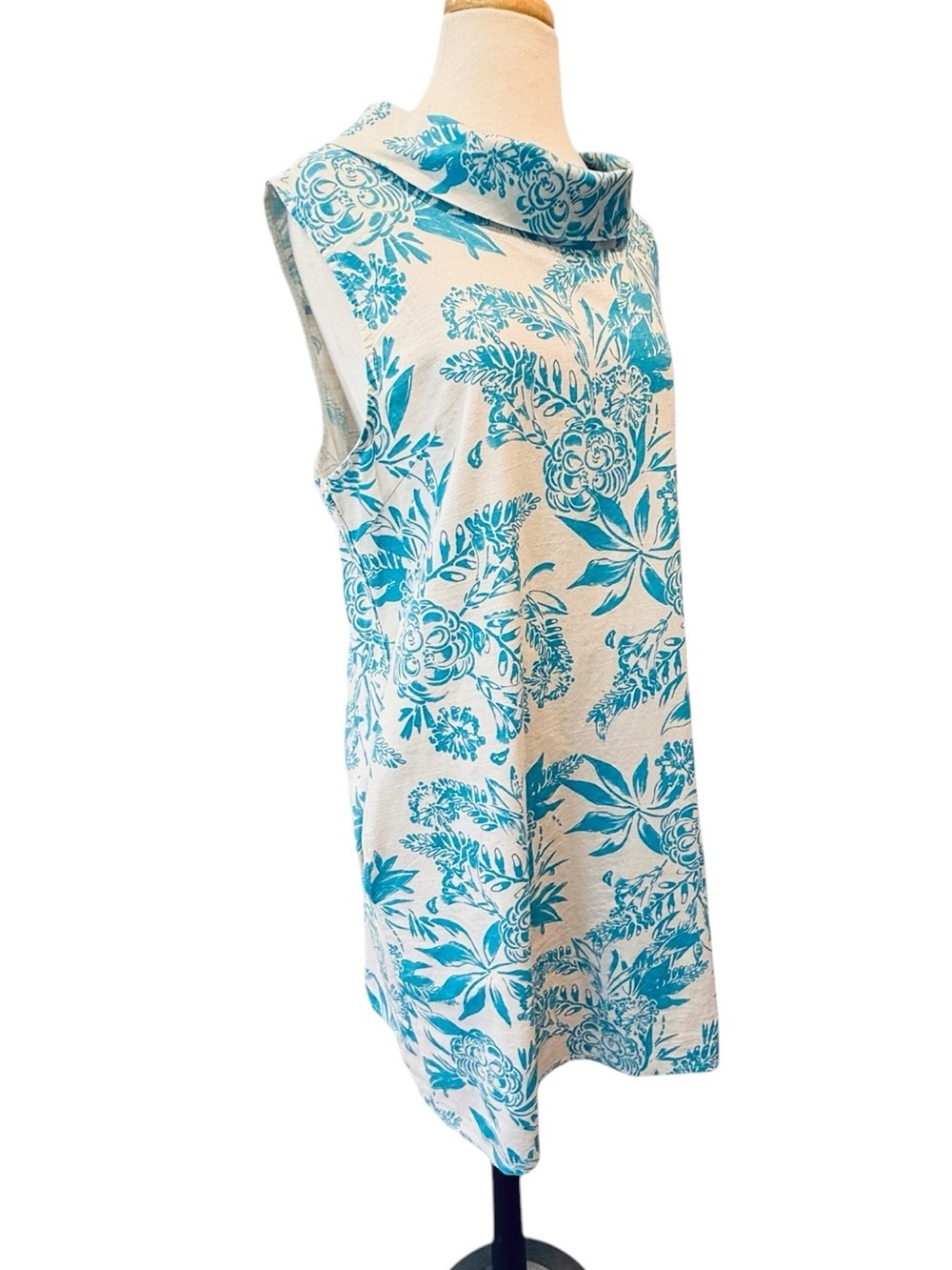 Luisa Perla Blue White Floral Linen Blend Shift Dress Sleeveless Cowl Neck Large - Picture 2 of 11